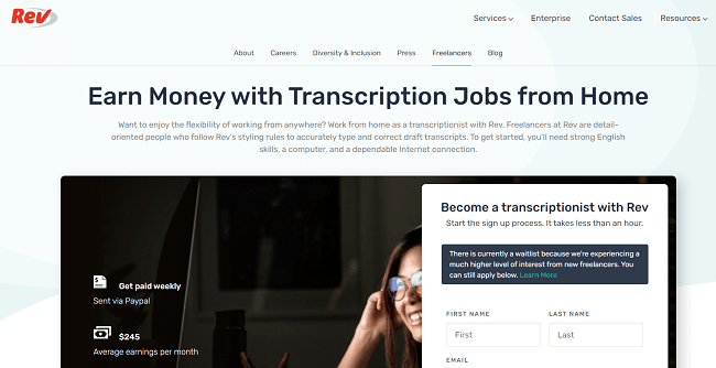 Rev.com - Become a transcriptionist side hustle idea